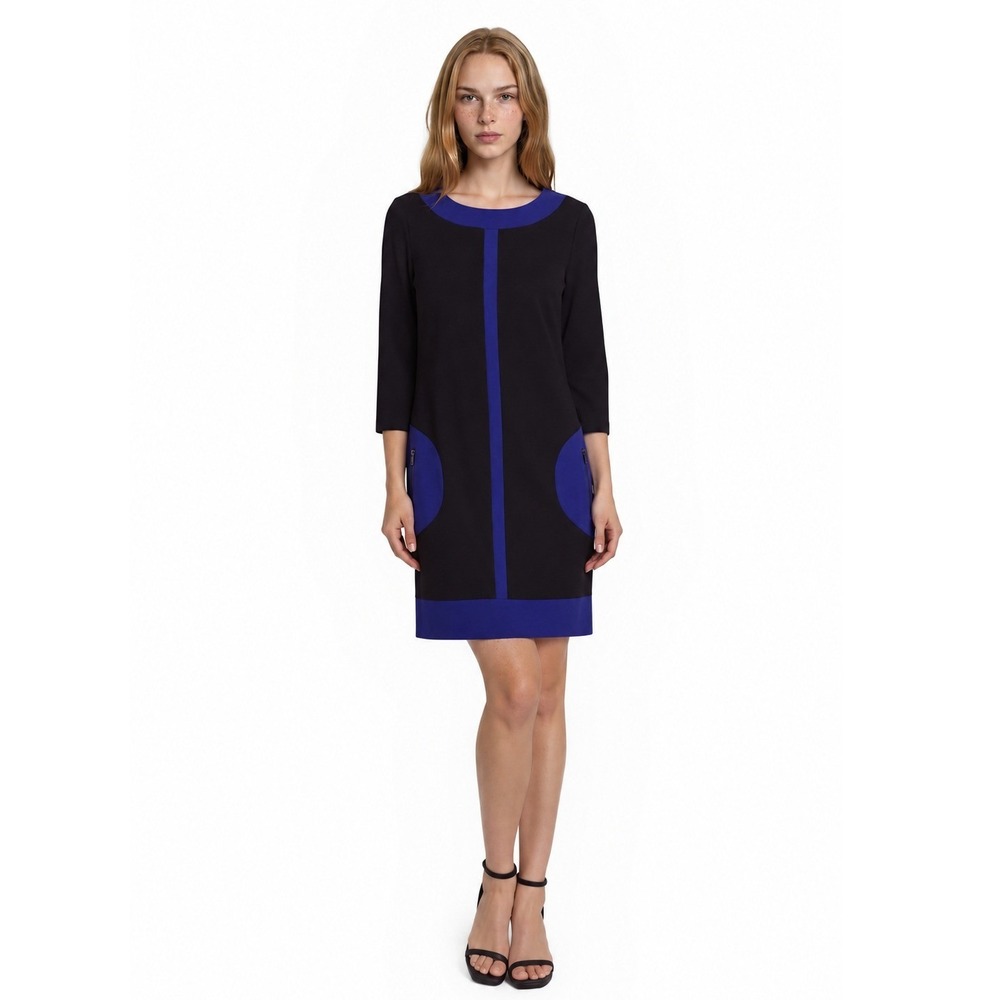 Joseph Ribkoff Sheath Dress Women's Size 12 Black Cobalt Blue Colorblock Y2K